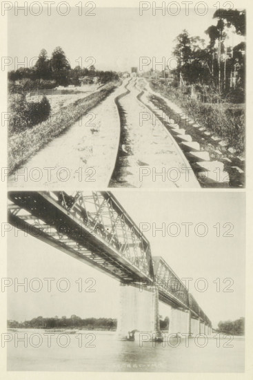Two views of the railway in Japan after an earthquake, page, photomechanical print, Above a twisted