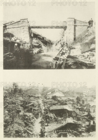 Destruction after an earthquake in Japan, page, photomechanical print, Above a destroyed railway