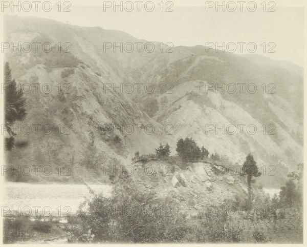 Landslides in the Neo Valley in Japan after an earthquake, page, photomechanical print, Japan,