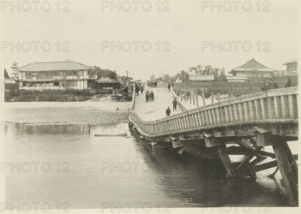 Collapsed bridge over the Biwajima River in Japan, page, photomechanical print, Japan, cliché