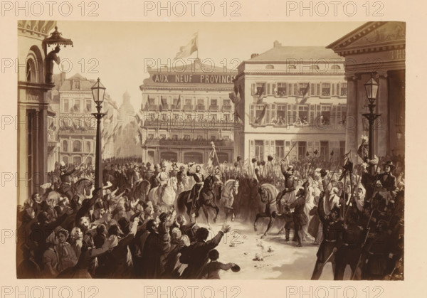 Photo reproduction of a design of the arrival of Léopold II of Belgium at Place de la Monnaie in