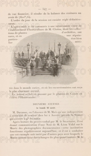 Members of the Union International de Photographie on a staircase in Liège, page, photomechanical