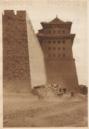 Cart pulled by a horse near a building, page, photomechanical print, photographer: Donald Mennie,