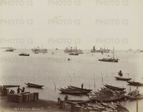 Harbour, S.pore, Ships and rowboats in the harbour of Singapore, album page, photograph, Part of
