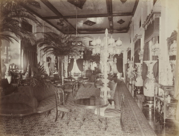 Salon in the palace of the Sultan of Johor, album page, photograph, Part of Album with 50 photos of