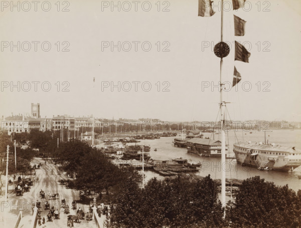 View of the Bund waterfront with three opium ships in Shanghai, album page, photograph, Part of