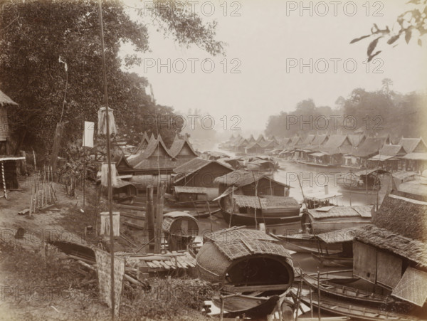 Boats at the quay of a waterway in Bangkok, album page, photograph, Part of Album with 50 photos of