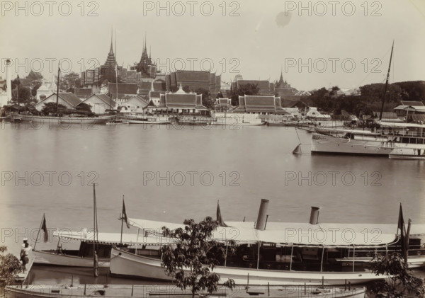 Menam River in Bangkok with buildings and boats, seen from the Royal Dock Yard, Menam River from