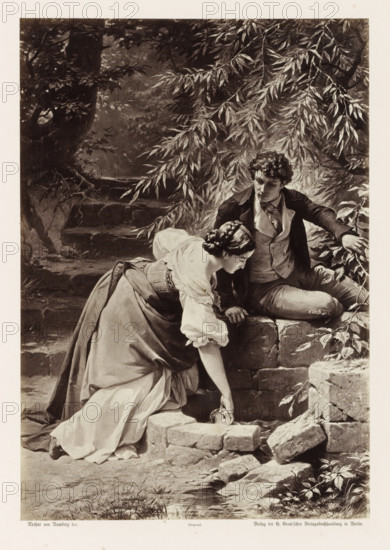 Hermann and Dorothea at the Spring, Photographic reproduction of a painting by AG von Ramberg,