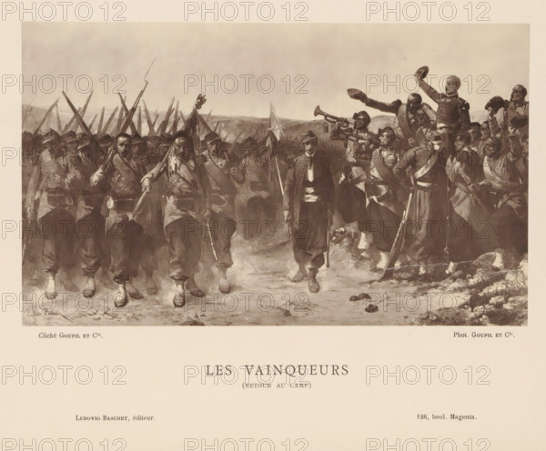 Photo reproduction of a painting by Alexandre Protais, depicting soldiers returning to their camp