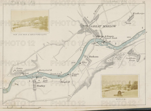 View of a weir in the Thames near Hurley, New Lock weir and Harleyford cliffs, photograph, page,