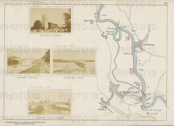 View of a lock and a bridge over the Thames at Chertsey, Chertsey lock and bridge, photograph,