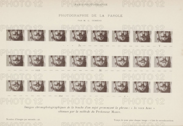 Sequence of the Mouth Pronouncing the Sentence 'Je vous aime' (I love you), page, photomechanical