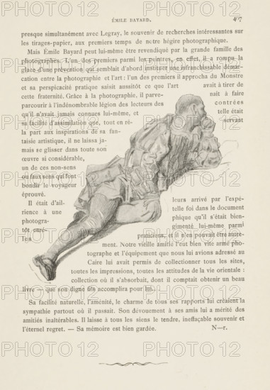 Photo reproduction of a drawing depicting a reclining man, reproduction, page, photomechanical