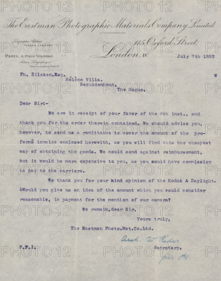 Letter to Philip Zilcken, letter, writer (clerical worker): Eastman Photographic Materials Company