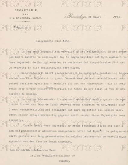 Letter to Jan Veth, letter, watermark, writer (clerical worker): Secretariat of HM the Queen