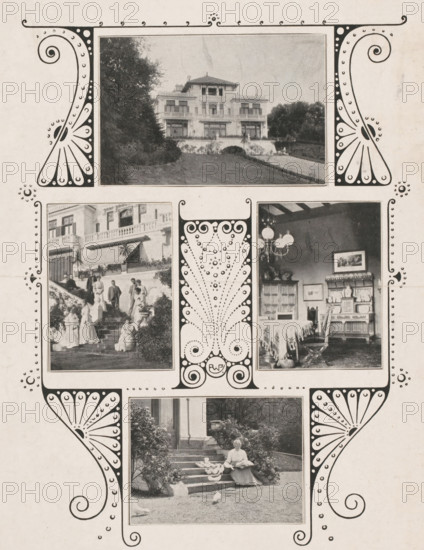 Four depictions of the exterior and interior of Villa Corvin in Hilversum, photomechanical print,