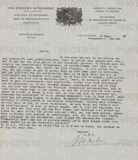 Letter to Bernard Houthakker, letter, writer (clerical worker): Antiquariaat WP van Stockum, The