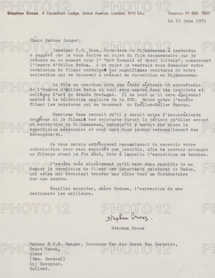 Letter to Françoise WM Bonger, letter, watermark, writer (clerical worker): Stephen Cross, London,