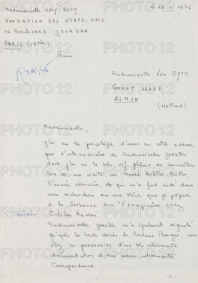 Letter to Mrs. van Oyen, letter, Letter contains a draft letter from Suze van Oyen to Suzy Levy.,