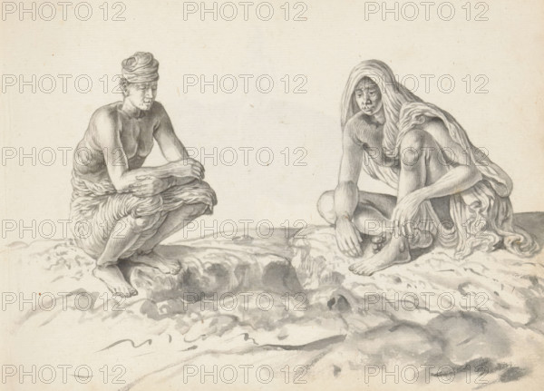 Two laborers, sketchbook page, Outside on uneven terrain, two men are sitting on the ground. He is