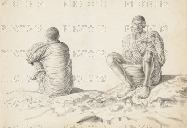 Two labourers, sketchbook page, Outside on uneven terrain, two men are sitting on the ground with