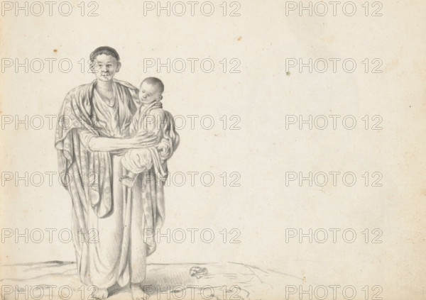 Woman with a child, sketchbook page, A standing Asian or Eurasian woman carries a child on her left