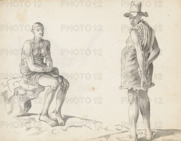 Two laborers, sketchbook page. On the left, a man sits on a rock alongside uneven terrain. A