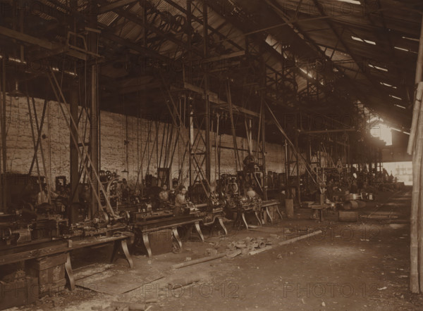 First turning shop, photograph, View into the factory hall with the first turning shop installed in