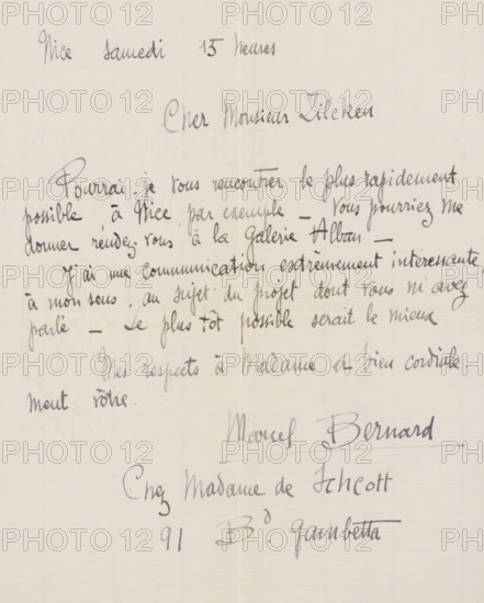 Letter to Philip Zilcken, letter, writer (clerical worker): Marcel Bernard, Nice, in or before