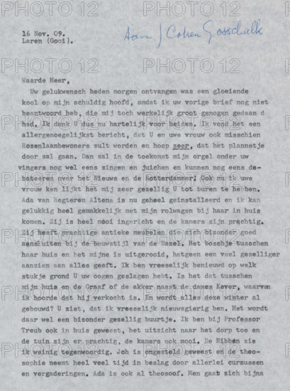 Letter to Johan Henri Gustaaf Cohen Gosschalk, letter, writer (clerical worker): Wally Moes, Laren