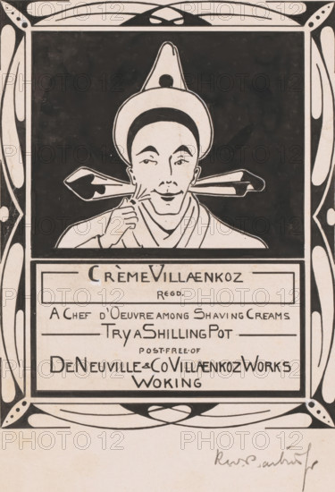 Design for an advertisement for Crème Villaenkoz shaving foam, drawing, design, A man with a hat