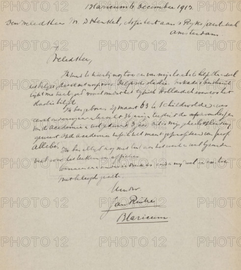 Letter to Max Dittmar Henkel, letter, writer (clerical worker): Jan Rinke, Blaricum, 1913-12-06,