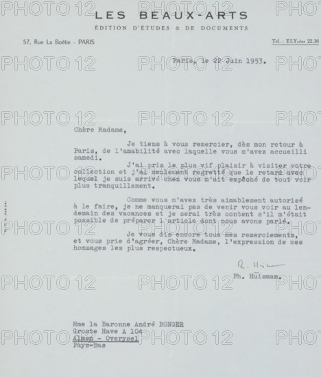 Letter to Françoise WM Bonger, letter, watermark, writer (clerical worker): Les Beaux-Arts, Paris,