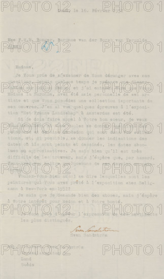 Letter to Françoise WM Bonger, letter, watermark, writer (clerical worker): Sven Sandström, Lund,