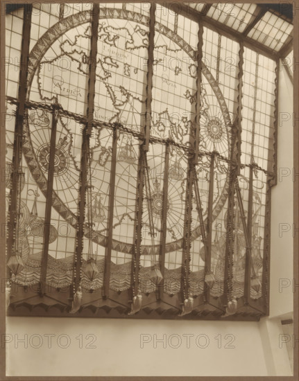 Stained glass window with continents and sailing ships, photograph, check stamp: 'BERN.P.EILERS,