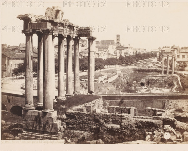 Forum Romanum preso dal Campidoglio (Roma), Ruins at the Roman Forum in Rome, Italy, photograph,