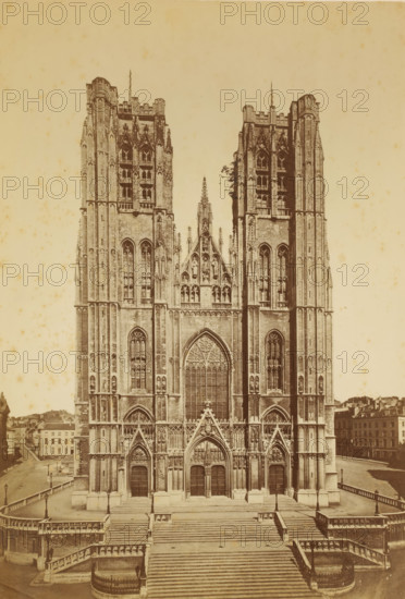 Facade of the Cathedral of Saint Michael and Saint Gudula in Brussels, Belgium, photograph,