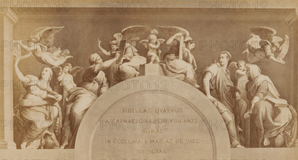 Photo reproduction of an engraving, possibly after a fresco by Rafaël, photograph, reproduction,