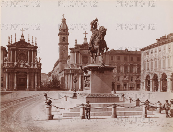 View of the Piazza San Carlo with equestrian statue of Emanuele Filiberto in Turin, Italy, Piazza S