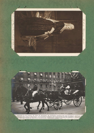 Two picture postcards of a portrait of Queen Mother Emma and a visit by Queen Wilhelmina to Paris,
