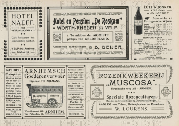 Advertisements, album page, Advertisements for, among others, Hotel Naeff, Hotel and guesthouse de