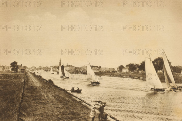 Sailing in North Holland, Sailing race on a waterway in North Holland, album page, photomechanical