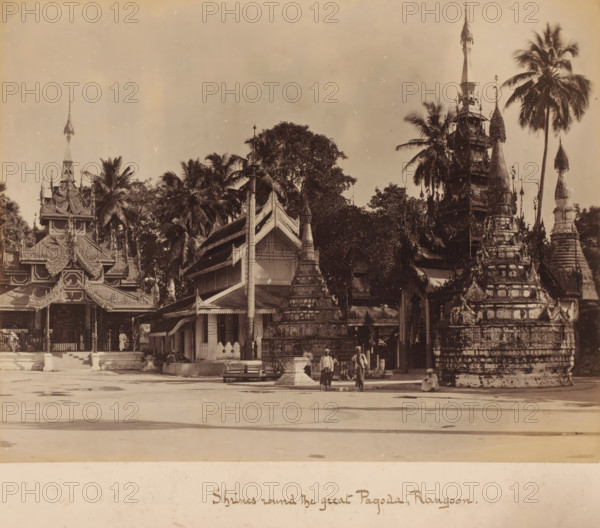Shrine around the Shwedagon Pagoda, Yangon, Myanmar, album page, photograph, Pagoda with burial