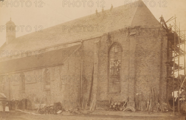 Broerekerk in Bolsward, during repair or restoration work, photograph, annotation: 'Bolsward (Fr),
