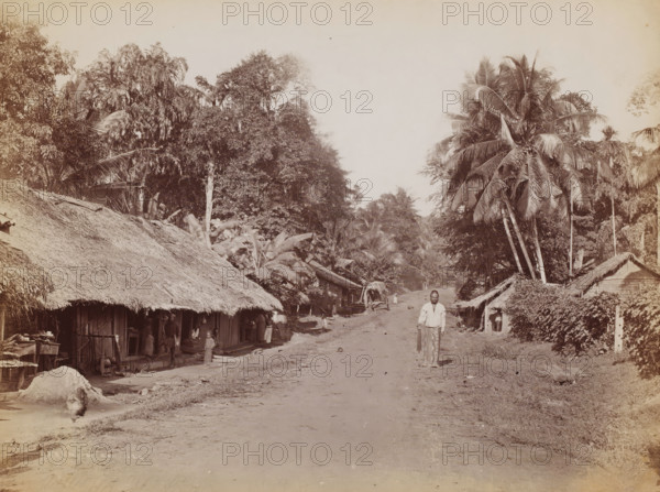 Veyangoda, Sri Lanka, photograph, Street with thatched houses on either side and a posing man with