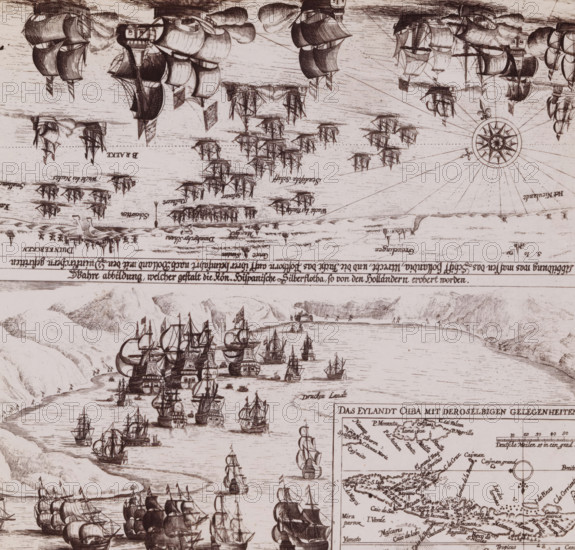 Photo reproduction of Piet Hein's print Sea Battle against Dunkirk and Conquest of the Silver Fleet