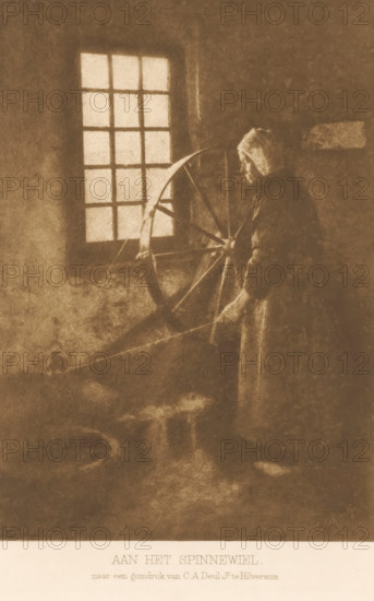 Woman by a spinning wheel, At the spinning wheel, page, photomechanical print, inscription: 'after