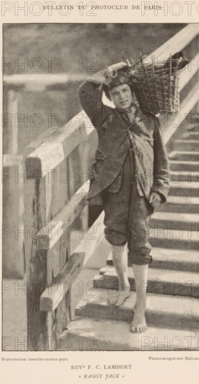 Boy with a basket on his shoulder walking down a staircase, Raggy Jack, page, photomechanical
