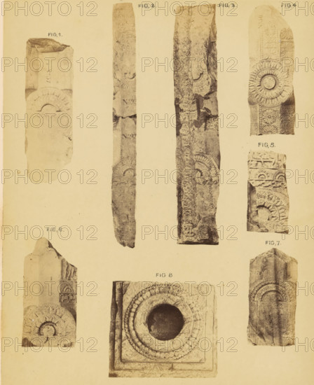 Eight fragments of pillars, Amaravati, Andhra Pradesh, India, photograph, page, inscription: